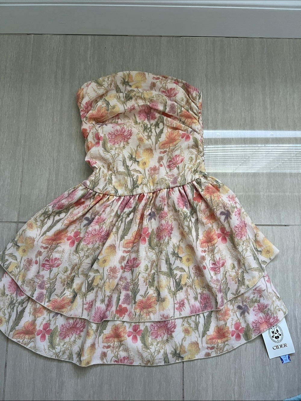 Cider Strapless Tiered Floral Dress - Pink, Yellow & Green